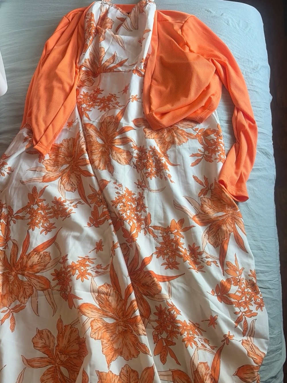 SHEIN White Maxi Dress with Bright Orange Accents and Matching Orange Shrug